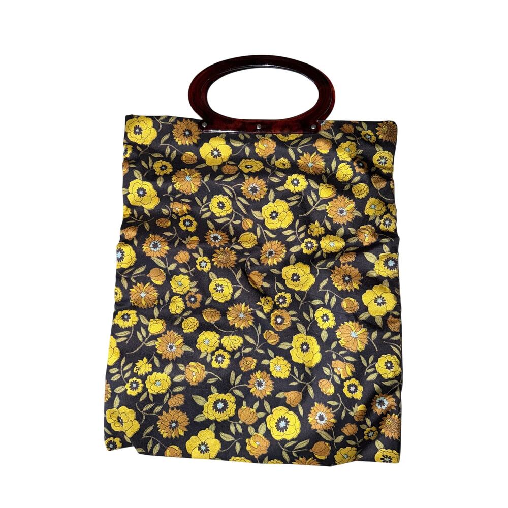 Vintage lady’s pride black bag yellow gold flower power retro deep purse handbag